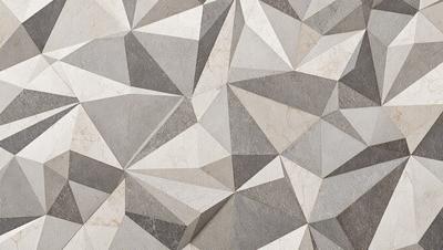 The primary subject of the image is a patterned wall made of marble. The setting is a room with a marble floor, and the visual style is a combination of photo and digital art. The dominant colors are gray and white, creating a clean and modern atmosphere.