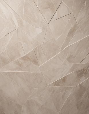 The primary subject of the image is a wall with a unique and intricate design. The setting is a room with a tiled wall, and the visual style appears to be a combination of digital art and illustration. The dominant colors are beige and brown, creating a warm and earthy atmosphere. The wall design features a pattern of triangles, adding a sense of depth and complexity to the overall appearance.