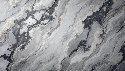 The primary subject of the image is a marble surface with a pattern of swirls and grooves. The setting is a room with a stone wall, and the visual style is a close-up of the marble surface. The colors and mood of the image are predominantly grays and browns, giving it a natural and earthy appearance.