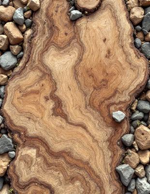The primary subject of the image is a large, wooden log with a unique, swirling pattern. The log is placed on a rocky surface, which serves as the setting for the scene. The visual style of the image is a close-up of the log, showcasing its intricate pattern. The colors and mood of the image are predominantly earthy tones, giving it a natural and rugged appearance.