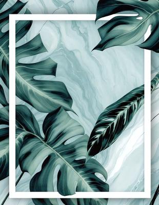 The primary subject of the image is a large green leaf, which is the main focus of the scene. The leaf is prominently displayed in the foreground, with a background featuring a waterfall. The visual style of the image is a combination of photo and digital art, creating a realistic yet artistic representation of the leaf and its surroundings. The colors and mood of the image are predominantly green, with a sense of tranquility and natural beauty.