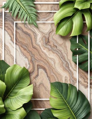 The image features a marble-like surface with a variety of textures and colors. The primary subject is a large green leaf, which is prominently displayed in the foreground. The setting is a stone-like background, which adds to the overall visual style. The colors and mood of the image are predominantly green, creating a serene and natural atmosphere.
