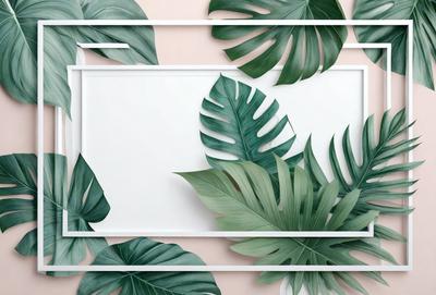 The primary subject of the image is a white frame with a green background, featuring a pattern of green leaves. The setting is a pink background, and the visual style is a combination of a photo and digital art. The colors and mood of the image are predominantly green and natural, creating a serene and calming atmosphere.