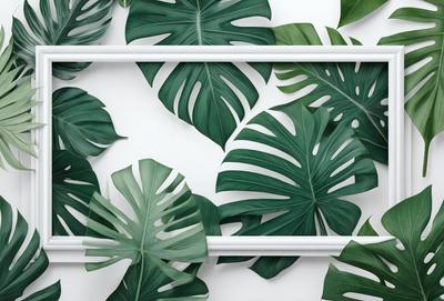 The image features a large green plant with multiple leaves, creating a lush and vibrant scene. The plant is displayed on a white wall, which serves as the primary background. The visual style of the image is a combination of a photo and a drawing, giving it a unique and artistic appearance. The dominant colors in the image are green, which is prevalent in the plant, and white, which is the color of the wall. The overall atmosphere of the image is fresh, natural, and inviting.