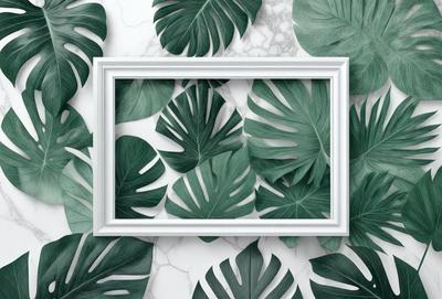 The primary subject of the image is a white frame with a green leaf pattern. The setting is a white wall, and the visual style is a combination of a photo and a digital art. The colors and mood of the image are predominantly green, with a natural and serene atmosphere.