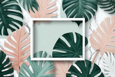 The primary subject of the image is a green and pink leaf, which is the main focus of the image. The setting is a marble surface, and the visual style is a photo. The colors and mood of the image are predominantly green and pink, creating a vibrant and lively atmosphere.