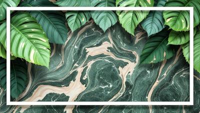 The image features a green and brown marbled surface with a pattern of swirls and waves. The setting is a tropical environment, with a large leafy plant in the background. The visual style is a combination of a photo and a digital art, creating a unique and intricate design. The colors and mood of the image are lush and vibrant, evoking a sense of nature and serenity.