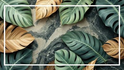 The image features a collection of green and yellow leaves arranged on a black marble surface. The leaves are placed in various positions, creating a visually appealing composition. The primary subject of the image is the leaves, which are the main focus of the scene. The setting is a black marble surface, which serves as the background for the leaves. The visual style of the image is a close-up of the leaves, showcasing their intricate details. The colors and mood of the image are predominantly green and yellow,