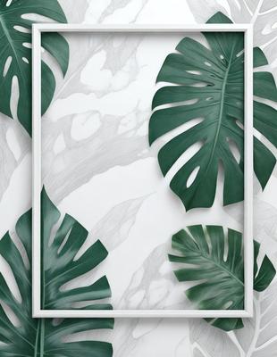 The primary subject of the image is a large green leaf, which is the main focus of the scene. The leaf is prominently displayed on a white marble wall, creating a striking contrast between the green leaf and the white background. The visual style of the image is a combination of a photo and a drawing, giving it a unique and artistic appearance. The colors and mood of the image are predominantly green, with the leaf being the main source of color, and the overall atmosphere is serene and calming.