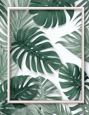 The primary subject of the image is a large green leaf, which is the main focus of the scene. The leaf is prominently displayed in the foreground, with a white background behind it. The visual style of the image is a close-up of the leaf, showcasing its intricate details. The colors and mood of the image are predominantly green, creating a serene and natural atmosphere.