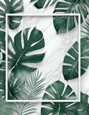 The primary subject of the image is a large green leaf, which is the main focus of the scene. The leaf is prominently displayed on a white marble surface, creating a striking contrast between the green leaf and the white background. The visual style of the image is a combination of a photo and digital art, as it captures the intricate details of the leaf while maintaining a clean and modern appearance. The colors and mood of the image are predominantly green, with the leaf being the main source of color, and the