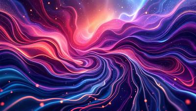 The primary subject of the image is a vibrant, colorful, and swirling pattern. The setting is a purple background, which adds to the overall atmosphere. The visual style is a combination of digital art and illustration, creating a unique and eye-catching design. The dominant colors are purple and blue, which contribute to a sense of depth and movement in the image.