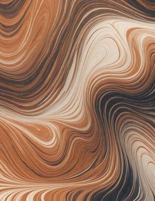 The primary subject of the image is a close-up of a wooden surface with a pattern of swirls and curves. The setting is a wooden table, and the visual style is a combination of a photo and digital art. The dominant colors are orange and brown, creating a warm and natural atmosphere.