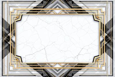 The primary subject of the image is a white marble surface with a gold frame. The setting is a room with a patterned wallpaper, and the visual style is a combination of a photo and digital art. The colors and mood of the image are predominantly white and gold, giving it a luxurious and elegant appearance.