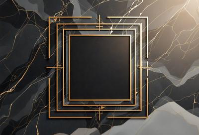 The primary subject of the image is a square-shaped piece of artwork, possibly a painting or a decorative item, placed on a black and gold marble surface. The setting is a room with a black and gold marble wall, which serves as the background for the artwork. The visual style of the image is a combination of digital art and illustration, creating a unique and eye-catching design. The colors and mood of the image are predominantly black and gold, giving it a luxurious and s