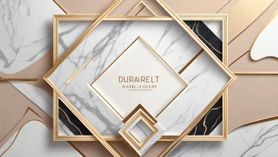 Durarelt is a marble color company. The image features a white marble background with a gold and black pattern. The pattern is a combination of squares and triangles, creating a visually appealing design. The overall atmosphere of the image is elegant and sophisticated, showcasing the company's products and expertise in marble coloring.