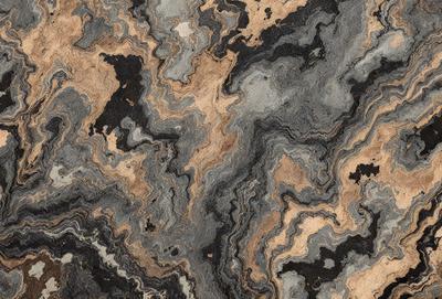 The primary subject of the image is a close-up of a marble-like stone with a unique pattern. The setting is a stone surface, and the visual style appears to be a combination of a photo and a digital art or illustration. The colors and mood of the image are predominantly dark, with a focus on the intricate pattern of the stone.
