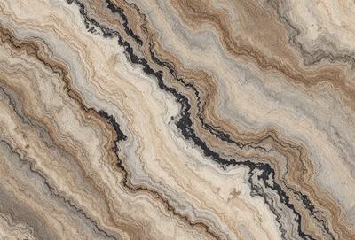 The primary subject of the image is a marble countertop with a unique and intricate pattern. The setting is a kitchen or bathroom, as the countertop is a prominent feature in the space. The visual style is a close-up of the marble countertop, showcasing its texture and design. The colors and mood of the image are predominantly neutral, with the marble countertop being the main focus and source of visual interest.