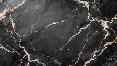 The primary subject of the image is a black marble countertop. The setting is a kitchen, with the countertop being the main focus of the scene. The visual style is a close-up of the marble countertop, showcasing its texture and details. The colors and mood of the image are dark and moody, with the black marble countertop being the dominant color.