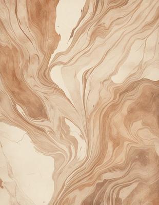 The primary subject of the image is a patterned surface, possibly a marble or stone table, with a swirling design. The setting is a room with a wooden floor, and the visual style appears to be a combination of a photo and a drawing. The colors and mood of the image are predominantly brown and earthy tones, creating a warm and natural atmosphere.