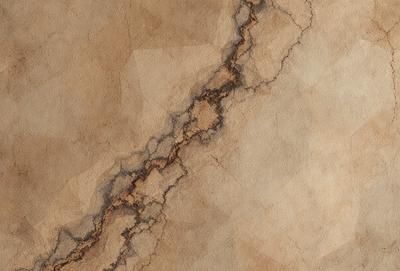 The primary subject of the image is a cracked, peeling wall with a brown and white color scheme. The setting is a room with a brown and white tiled floor. The visual style is a close-up of the wall, showcasing the peeling paint and the cracked surface. The colors and mood of the image are somewhat dull and aged, reflecting the worn and damaged state of the wall.