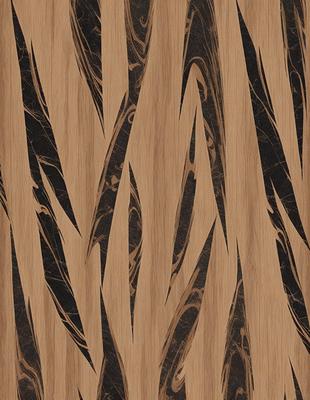 The primary subject of the image is a wooden surface with a pattern of black and brown stripes. The setting is a room with a wooden floor, and the visual style appears to be a combination of a photo and a drawing. The colors and mood of the image are predominantly dark, with the black and brown stripes creating a sense of depth and contrast.