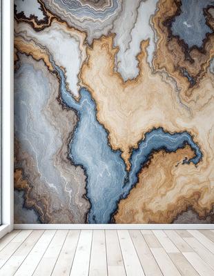 The primary subject of the image is a large, intricate wall mural featuring a combination of blue, brown, and white colors. The setting is a room with a white wall, and the visual style appears to be a blend of digital art and illustration. The mural creates a unique and captivating atmosphere, making it a striking focal point in the space.