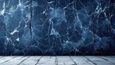 The primary subject of the image is a blue wall with a marbled texture. The setting is a room with a wooden floor. The visual style is a photo, and the dominant colors are blue and white. The overall atmosphere is calm and serene.
