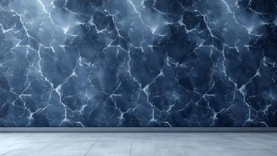 The primary subject of the image is a large, blue marble wall with a pattern of holes in it. The setting is a room with a white floor, and the visual style appears to be a photo of the wall. The dominant colors are blue and white, creating a calm and serene atmosphere.