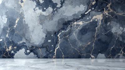 The primary subject of the image is a large, textured wall with a blue and white color scheme. The setting is a room with a grey floor, and the visual style appears to be a combination of a photo and digital art. The dominant colors are blue and white, creating a calm and serene atmosphere.