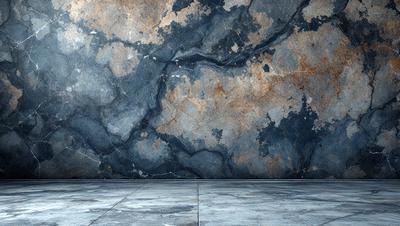 The primary subject of the image is a large, textured stone wall with a blue and brown color scheme. The setting is a room with a stone floor, and the visual style appears to be a combination of a photo and digital art. The colors and mood of the image are dark and moody, with the stone wall and floor creating a dramatic and striking atmosphere.
