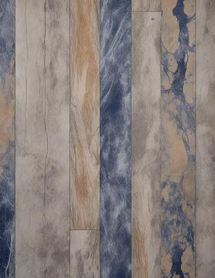 The primary subject of the image is a wooden floor with a blue and brown striped pattern. The setting is a room with a blue and brown striped wall, which complements the floor. The visual style is a photo of the floor, showcasing the unique pattern and design. The colors and mood of the image are warm and inviting, with the blue and brown stripes creating a visually appealing and cozy atmosphere.