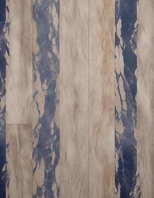 The primary subject of the image is a wooden floor with a blue and white striped pattern. The setting is a room with a blue and white striped carpet. The visual style is a photo of the floor, showcasing the unique design. The colors and mood of the image are predominantly blue and white, creating a clean and modern atmosphere.