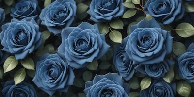 The primary subject of the image is a group of blue roses. The setting is a garden, with the blue roses surrounded by green leaves. The visual style is a close-up of the blue roses, showcasing their vibrant color and intricate details. The overall atmosphere is serene and peaceful, as the blue roses are the main focus of the image.