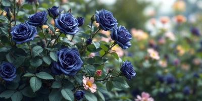 The primary subject of the image is a bouquet of blue roses. The setting is a garden, with the flowers growing on a bush. The visual style is a photo, capturing the beauty of the blue roses in their natural environment. The colors and mood of the image are predominantly blue, creating a serene and calming atmosphere.