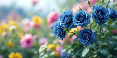 The primary subject of the image is a bouquet of blue and pink flowers. The flowers are arranged in a vase, creating a beautiful and colorful display. The setting is a garden, with the flowers placed in a field of flowers, adding to the natural and serene atmosphere. The visual style of the image is a photo, capturing the vibrant colors and details of the flowers. The dominant colors in the image are blue and pink, creating a sense of calmness and happiness.
