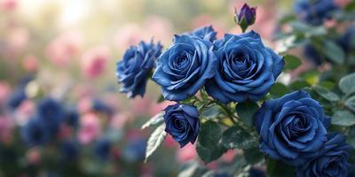 The primary subject of the image is a bouquet of blue roses. The setting is a garden, with the flowers blooming in a pink and purple field. The visual style is a close-up of the flowers, showcasing their vibrant colors. The overall atmosphere is serene and beautiful, with the blue roses standing out against the pink and purple background.
