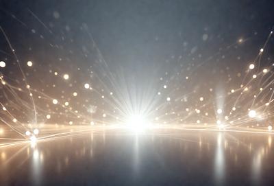 The primary subject of the image is a bright light source, which appears to be a light bulb or a light source in a dark room. The light source is surrounded by a multitude of tiny lights, creating a visually striking scene. The setting is a dark room, and the visual style is a combination of a photo and digital art. The colors and mood of the image are predominantly dark, with the bright light source standing out as the focal point.