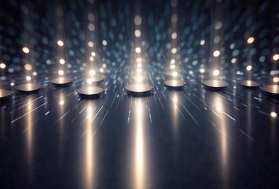The primary subject of the image is a row of small, round, reflective objects, possibly light bulbs or mirrors, arranged in a line. The setting is a dark room with a blue background, creating a contrasting atmosphere. The visual style appears to be a combination of a photo and digital art, as the objects are captured in a clear and detailed manner. The colors and mood of the image are predominantly dark and moody, with the blue background adding a touch of coolness to the scene.