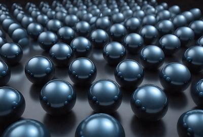 The primary subject of the image is a large number of blue spheres, which are arranged in a visually appealing manner. The setting is a black background, which contrasts with the blue spheres, making them stand out. The visual style is a combination of photo and digital art, creating a unique and eye-catching display. The colors and mood of the image are predominantly blue, giving it a calm and serene atmosphere.