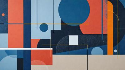 The primary subject of the image is a painting featuring a blue background with various shapes and colors. The setting is an art gallery, and the visual style is a combination of digital art and illustration. The dominant colors are blue and orange, creating a vibrant and lively atmosphere.