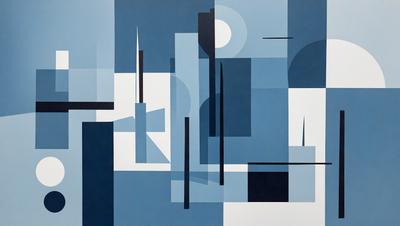 The primary subject of the image is a painting featuring a blue background with various geometric shapes and lines. The setting is a wall, and the visual style appears to be a combination of digital art and illustration. The dominant colors in the painting are blue and black, creating a modern and minimalist atmosphere.