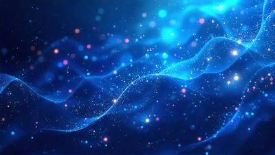 The primary subject of the image is a blue, swirling, and sparkling background. The setting is a dark blue space, and the visual style appears to be a digital art or illustration. The dominant colors are blue and white, creating a serene and calming atmosphere.