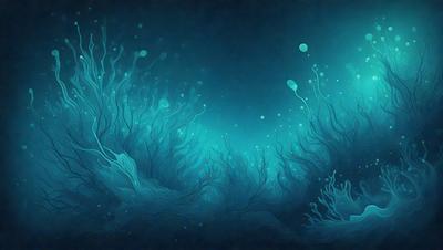 The primary subject of the image is a blue ocean filled with seaweed and bubbles. The setting is underwater, with the ocean floor visible. The visual style is a digital art or illustration, creating a vibrant and lively atmosphere. The dominant colors are blue and green, with the blue ocean and green seaweed creating a serene and calming mood.