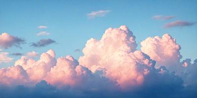 The primary subject of the image is a cloudy sky filled with pink and white clouds. The setting is a blue sky, and the visual style is a photo. The clouds are the dominant colors and create a serene and peaceful atmosphere.