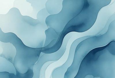 The primary subject of the image is a blue and white painting of a wave. The setting is a blue background, and the visual style appears to be a digital art or illustration. The dominant colors are blue and white, creating a calm and serene atmosphere.