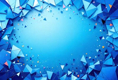 The primary subject of the image is a blue background with a pattern of triangles. The setting is a blue and yellow background, and the visual style is digital art. The dominant colors are blue and yellow, creating a vibrant and lively atmosphere.