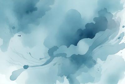 The primary subject of the image is a cloudy sky with a blue background. The setting is a cloudy day, and the visual style is a watercolor painting. The colors and mood of the image are predominantly blue, creating a calm and serene atmosphere.