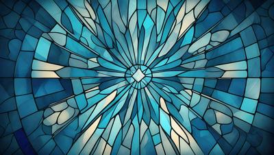 The primary subject of the image is a stained glass window featuring a blue and white color scheme. The window is adorned with a sun design, giving it a warm and inviting atmosphere. The setting is indoors, likely in a religious or spiritual space, as the window is part of a building. The visual style of the image is a combination of artistic elements, such as the stained glass design and the sun motif, creating a unique and captivating piece of art.