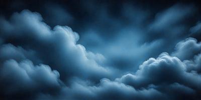 The primary subject of the image is a cloudy sky with a blue hue. The setting is a dark, cloudy night, and the visual style is a photo. The dominant colors are blue and gray, creating a moody atmosphere.